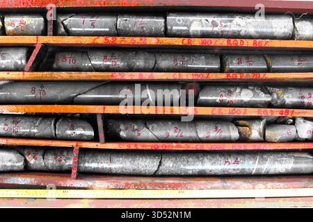 Core samples stored in a box. Geological exploration studies. Stock Photo