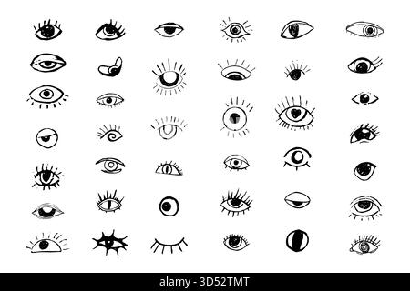 Eyes Crazy doodle black eyes. Open eye creative hand drawn human parts of faces elements, various opened eyes. Black ink vision icon, hand drawn grunge ophthalmologist symbol, drawn charcoal eyes. Vector illustration Stock Vector