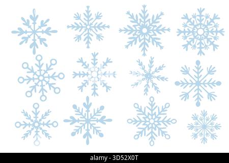 A winter set of snowflakes of various sizes and shapes. Various ice crystals. Hand-drawn flat illustration. Stock Vector
