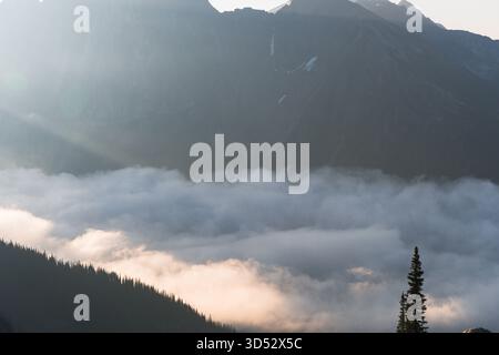 Panoramic view of majestic mountain range shrouded in clouds. Glacier National Park, BC Stock Photo