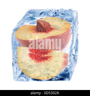 Pieces of peach in ice cube isolated on white Stock Photo