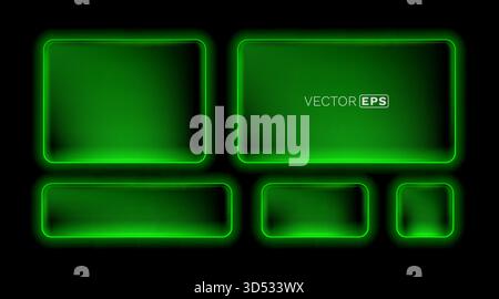 Green Neon Frames with Glowing Effect. Modern digital light boxes set on a dark background. Vector illustration Stock Vector
