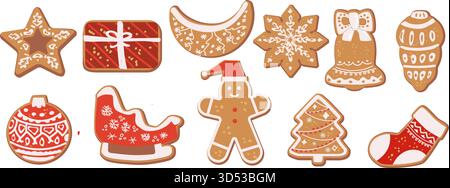 Set of gingerbread and christmas cookies in cartoon flat style. Vector illustration of gingerbread man, sock, spruce, snowflake, star, christmas baubl Stock Vector