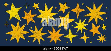 Set of gold chalk drawing stars. Shine or sparkle doodle collection. Children style yellow wax pencil hand drawing elements of night sky. Stock Vector