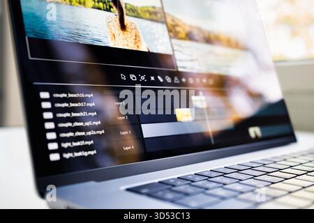 Video edit. Editor for content creators. Film software. Movie montage production. Laptop of videographer. Timeline on screen. Cut footage. Stock Photo