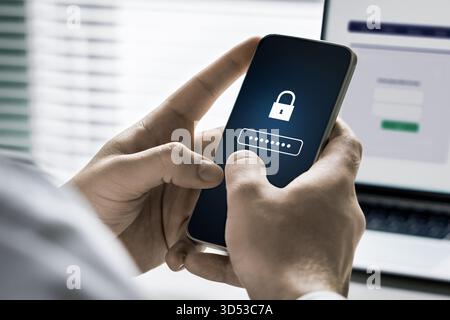 Password in phone for security and privacy. Mobile lock for safety to protect data in bank from scam or fraud. Cybersecurity online. Stock Photo
