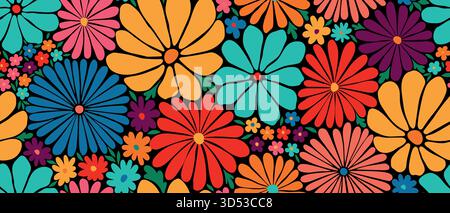 Retro floral seamless pattern with colorful flowers. Vintage groovy aesthetic background for textile design, fabric print, and wallpaper. Stock Vector