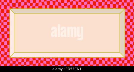 Groovy frame background with 3D rectangle window on pink and red checker pattern in Y2K style. Groovy frame composition with geometric retro layout Stock Vector
