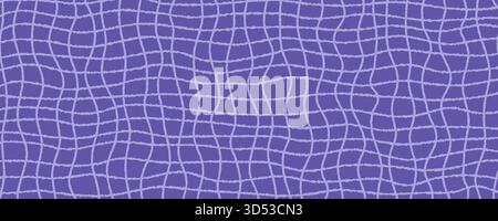 Groovy checker pattern with wavy purple grid lines on a violet background in retro style. Groovy checkered background with irregular pencil lines Stock Vector