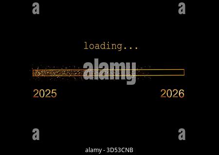 2026 loading, gold glitter progress bar on black background, new year holiday greeting card Stock Photo