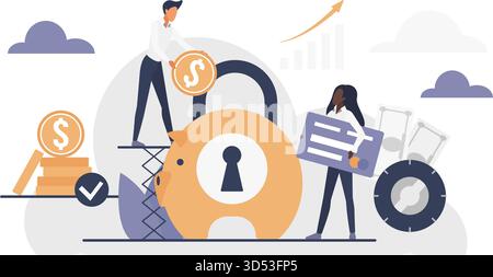 Business people saving money in a secure piggy bank with lock symbol, financial growth, planning, and investment concept, modern flat style isolated on white background vector illustration Stock Vector