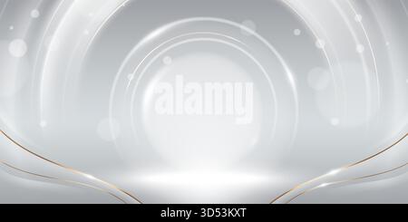 Silver luxury award background with golden lines and glowing circles for premium achievement design. Elegant metallic waves, bright center and radiant effects for ceremony or recognition presentation. Stock Vector