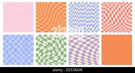 Psychedelic checkered illusion patterns set. Vector illustration of abstract warped grid tiles, wavy color squares on white background, dizzying geometric effect, distorted trippy chessboard design Stock Vector