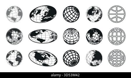 Y2k earth planet icons set isolated on white background. Vector illustration of retro style linear globes, 3D wireframe graphic ellipse spheres, worldwide network or travel logo sign, Internet symbol Stock Vector