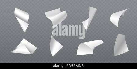 Falling blank paper sheets set isolated on transparent background. Vector realistic illustration of empty white pages flying in air with folded edges and soft shadows, letter mockup, draft document Stock Vector