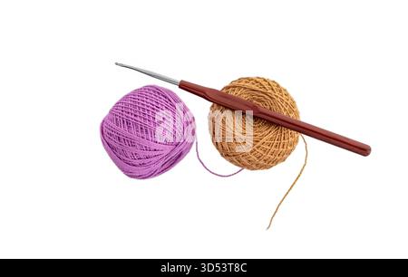 Crochet thread and hook isolated on white background. Crochet kit. Stock Photo