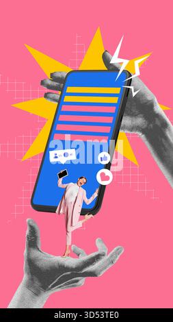 Colorful poster. Giant smartphone held in textured hands with floating like icons and smiling woman. Stock Photo