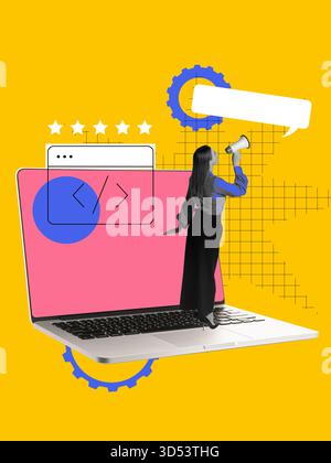 Colorful composition. Woman standing on laptop with code window, stars, shouting speech bubble out of megaphone. Stock Photo