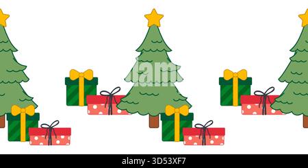 A festive seamless vector border pattern featuring stylized Christmas trees topped with stars and stacks of wrapped gifts tied with bows. The classic Stock Vector