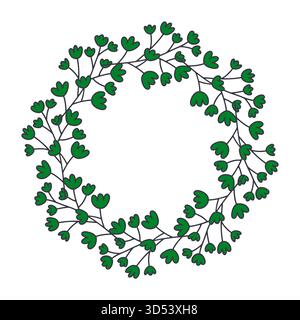 A simple charming vector wreath made of stylized green leaves and delicate branches forming a perfect circle. This botanical design is versatile and i Stock Vector