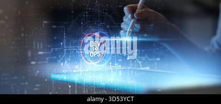DevOps Integration and Continuous Deployment Technology Illustrated on Futuristic Digital Interface. Stock Photo
