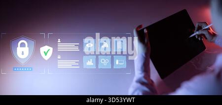 Cybersecurity Shield with Biometric Authentication and Data Protection Systems. Stock Photo