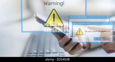 Security Warning Notifications Displayed on Digital Interface with Risk Alert Symbols. Stock Photo