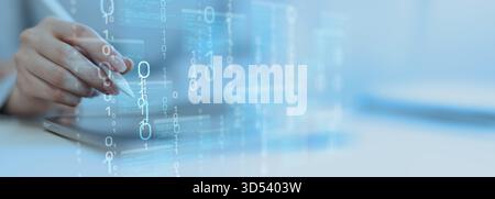 Binary Code and Digital Data Streams Displayed on Futuristic Transparent Interface. Stock Photo