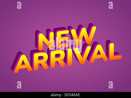 A vibrant graphic design featuring the text New Arrival in bold, 3D style with a gradient of yellow to orange on a purple background. Stock Vector