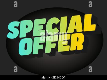 A vibrant graphic featuring the text Special Offer in bold, colorful typography. The letters are a gradient of teal to yellow, set against a dark back Stock Vector