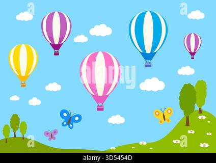 Happy hot air balloons of various colors traveling in the air. Beautiful nature background with green hills, mountains and colorful air balloons fly. Stock Vector