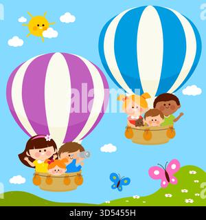 Kids and balloons flying in the sky illustration Stock Vector Image ...