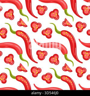 A seamless pattern of red chili peppers with a glossy texture, vibrant hues and crisp shapes, creating a fiery, dynamic texture. Stock Vector