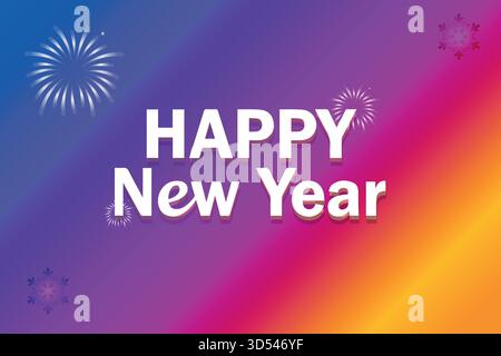 Bold white 'HAPPY New Year' text centered on a bright, colorful gradient background featuring purple, magenta, orange, and blue hues, Stock Vector
