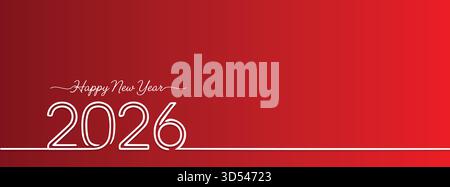 Minimalist Happy New Year 2026 greeting with single line typography on a vibrant red gradient banner. Ample copy space for festive event promotion. Stock Vector