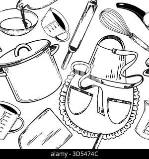 A seamless vector pattern on the theme of the kitchen, a cooking apron, a fire pit, a frying pan, a rolling pin, other kitchen utensils hand-drawn Stock Vector