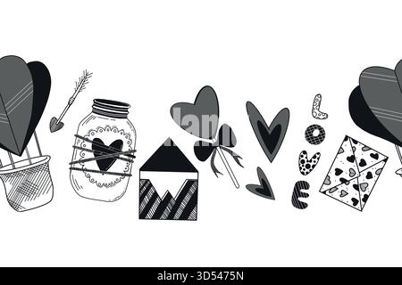 Seamless border for Valentine's Day, hearts, sweets, letters, arrows. All objects are hand-drawn in vector. The illustration is suitable for printing Stock Vector