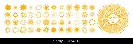 Large set of yellow suns. The sun objects are beautiful hand drawn. Not AI, Vector illustration Stock Vector