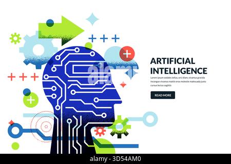 Vector illustration of abstract head with circuit chip and gear. Innovation, digital mind, artificial intelligence and future tech ideas concept. Huma Stock Vector