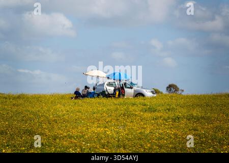 Rabat, Morocco – April 19, 2025: A family enjoying a peaceful picnic in a wide open field covered with yellow wildflowers under a blue sky. A silver c Stock Photo