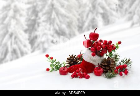 Christmas decoration. Stocking with red berries and apples, twigs Christmas tree, cones pine on snow in fir forest with space for text Stock Photo