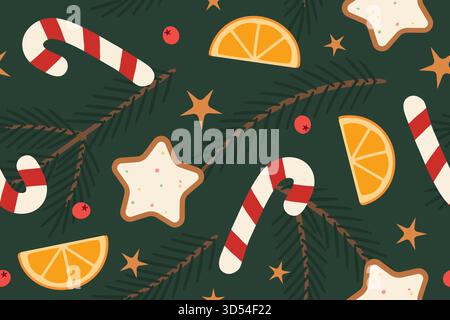 christmas holiday seamless pattern with fir tree branches, candy canes, berries, gingerbread cookies, orange slices, golden stars; great for wrapping, Stock Vector