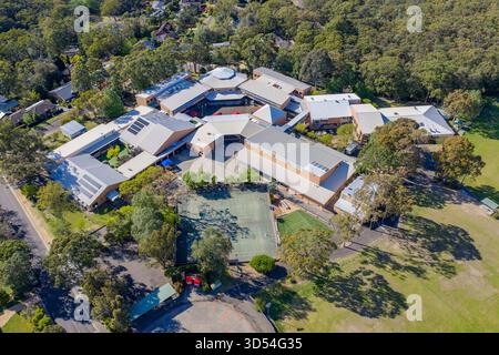 Drone aerial photograph of the Winmalee High School complex in the town of Winmalee in the Blue Mountains in NSW, Australia. Stock Photo