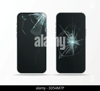 broken display in mobile phone, cracked glass Stock Vector