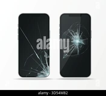 broken display in mobile phone, cracked glass Stock Vector