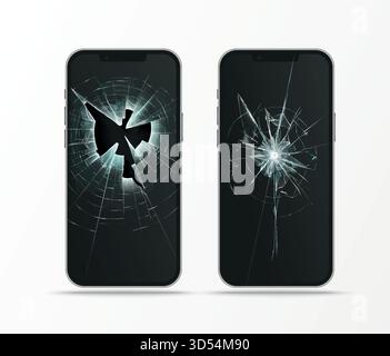 broken display in mobile phone, cracked glass Stock Vector