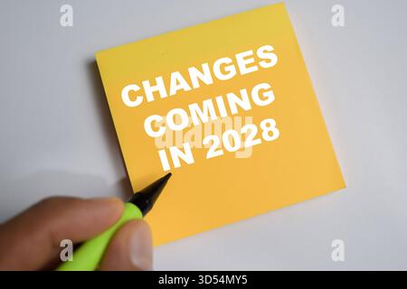 Concept of changes coming in 2028 write on sticky notes isolated on Wooden Table. Stock Photo