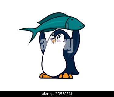 Cute Penguin Catching Fish visualized with Simple Illustration Stock Vector