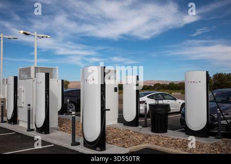 Green River, Utah - Tesla electric car charging station in the Utah desert. Stock Photo