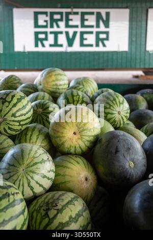 Green River, Utah - Vetere Melons for sale at a roadside stand. Green River is famous for its melons, grown at farms lining the Green River. Stock Photo